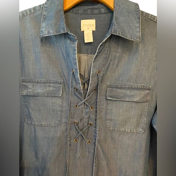 Chico’s 0/S/4 Blue Chambray Denim Cotton Lace-Up Relaxed Fit Long Sleeve Shirt - Picture 4 of 8